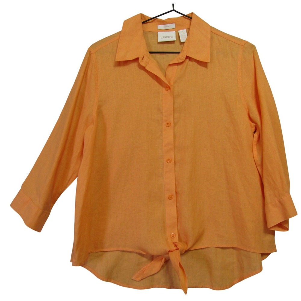 Chico's‎ Button Down Shirt Womens 1 Petite Orange Good Linen Tie Front No-Iron